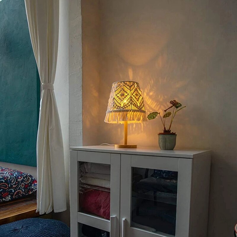 Pantalla de lámpara de macramé bohemio hecha a mano, cubierta tejida para dormitorio, de algodón tejido de cuerda, para decoración del hogar