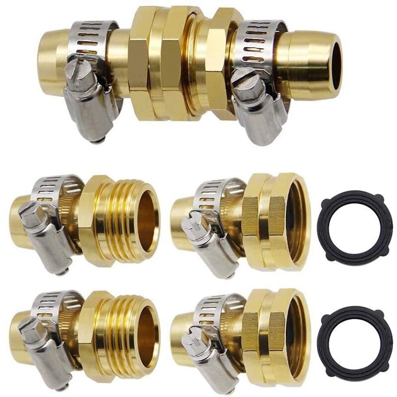 3 Sets Brass Garden Hose Repair Kit,Water Hose Mender Male Female Connector with Stainless Clamp (3/4-5/8)