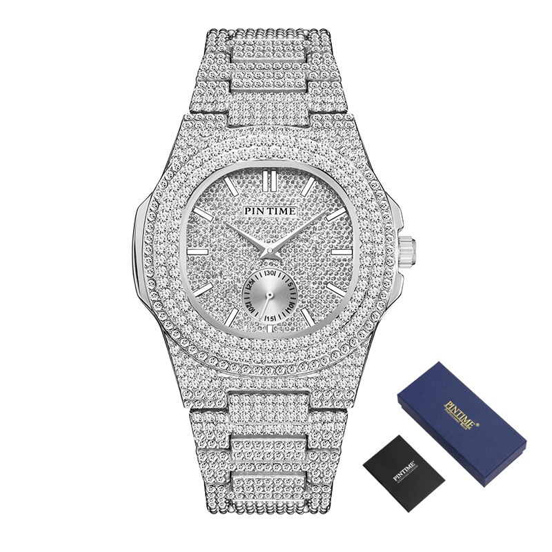Fashon Iced Out Watch Men Diamond Hip Hop Mens Watches Top Brand Luxury Steel Gold Men Clock Montre Homme Reloj Hombre Relogio: Silver-Box
