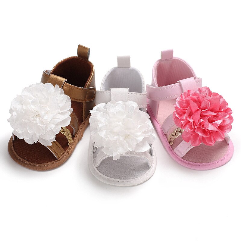 Sandalias de bebé de verano, sandalias de punto con flores grandes para niñas, zapatos de cuna suaves, zapatos de playa a la para niños