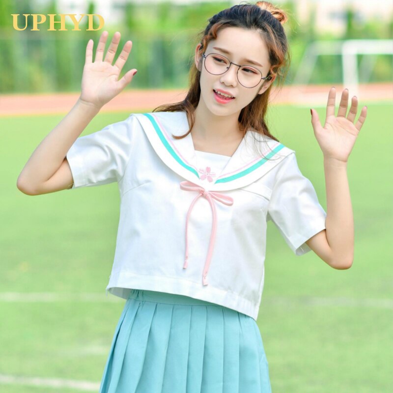 UPHYD Anime School Uniform Lolita Sailor Suits Japan Korea Teen Girls Chorus Uniforms White Shirt and Light Green Pleated Skirt