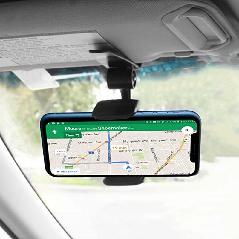 Solskærm bil mobiltelefonholder, universal 360 roterende bilmonteringsstøtte klipbeslag kompatibel til smartphones gps (sort)