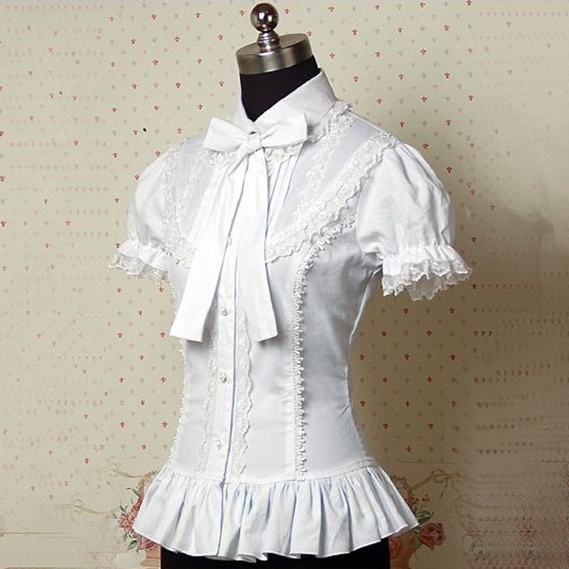 Camiseta corta victoriana de Lolita para mujer, blusas con lazo y volantes de encaje, traje blanco de verano,