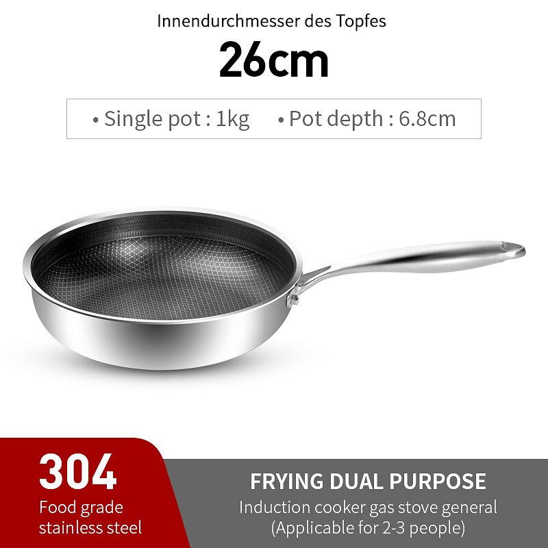 20/26CM Frying Pan Food Grade 304 Stainless Steel Non Stick Pan Honeycomb Pot Bottom Induction Cooker Gas Stove General Wok: 26CM Frying pan