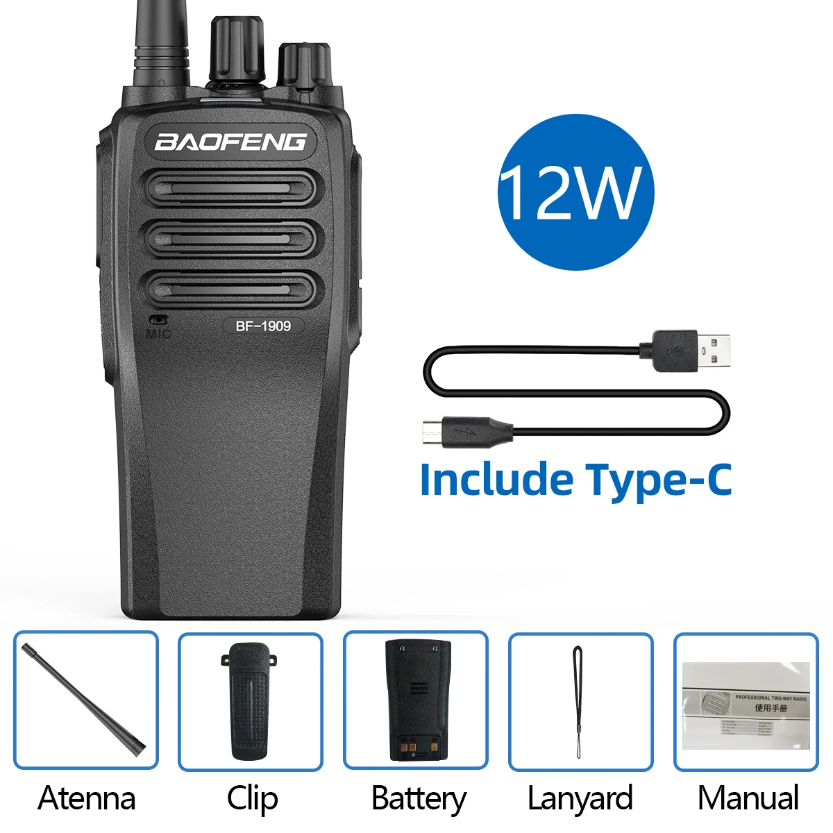 BaoFeng BF 1909 12W High Power Walkie Talkie Long Range Two Way Radio Type C Charging Transmitter Upgrade BF 888S UV 5R UV 82: Blue / EU