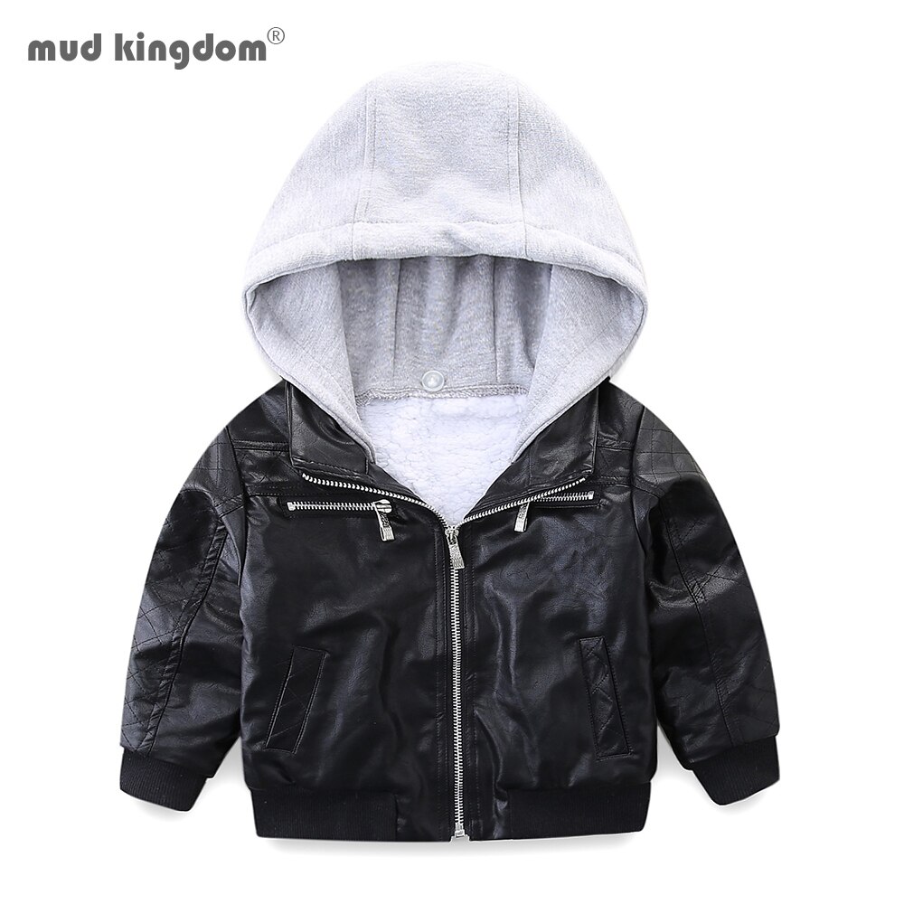 Mudkingdom Jongens Hooded Jassen Pu Lederen Winter Warm Lange Mouwen Fleece Jas Dikker Jongens Patchwork Bovenkleding Voor Peuter Tops