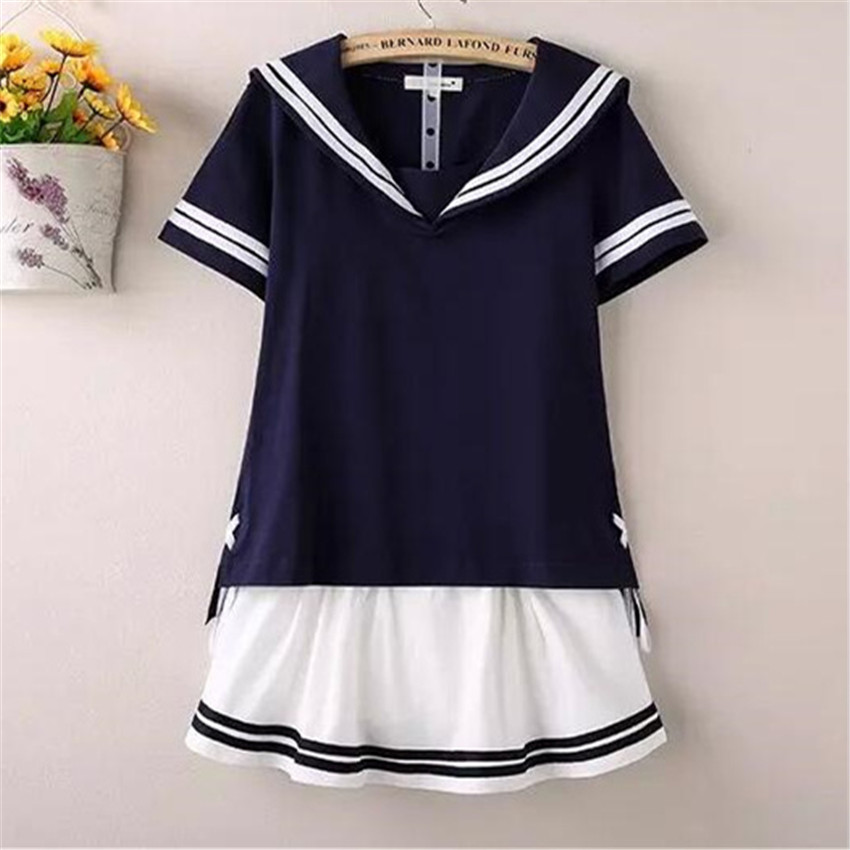 Sailor Suit Lady Pleated School Sleeved Japanese School Uniform Korean School Uniform Dolly Skirt: Blue  white / XL