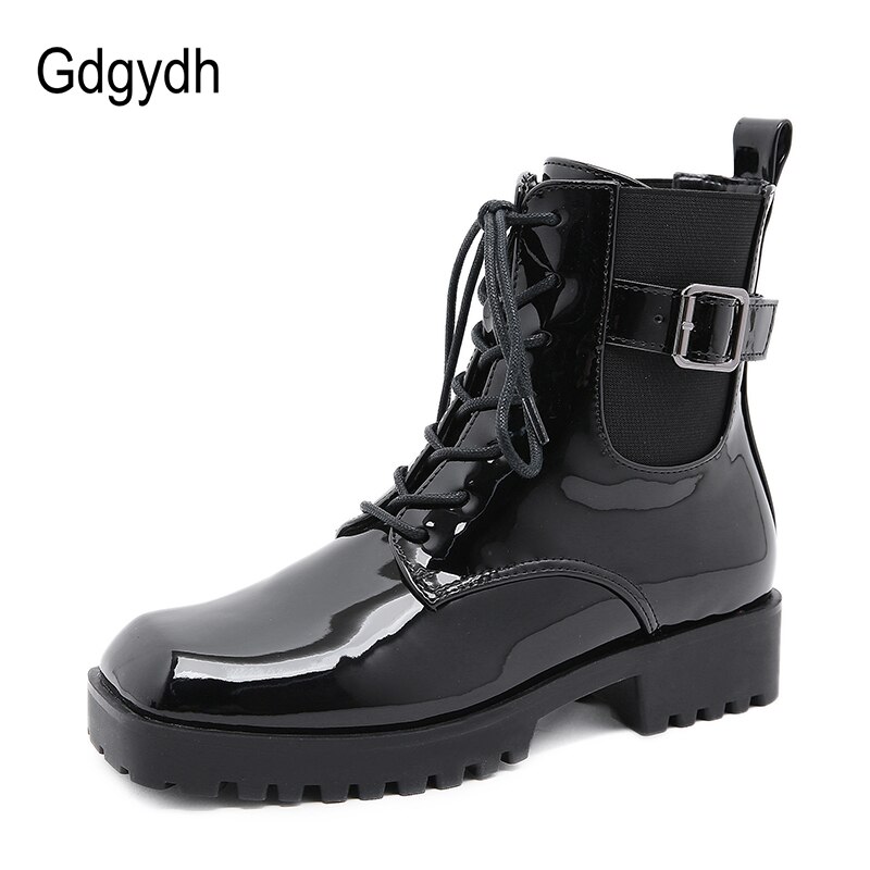 Gdgydh höst vinter kvinnor skor fyrkantig tå gotiska punk dam skor låga klackar kvinnor ankel boots metall spänne snörning korta stövlar