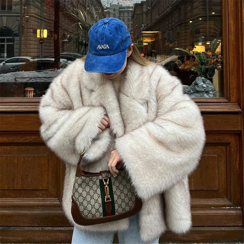 Vrouwen namaakbontjassen met lange mouwen, streetwear vest, jassen, kraagvorm, elegante dikke warme losse jas, effen herfst winter