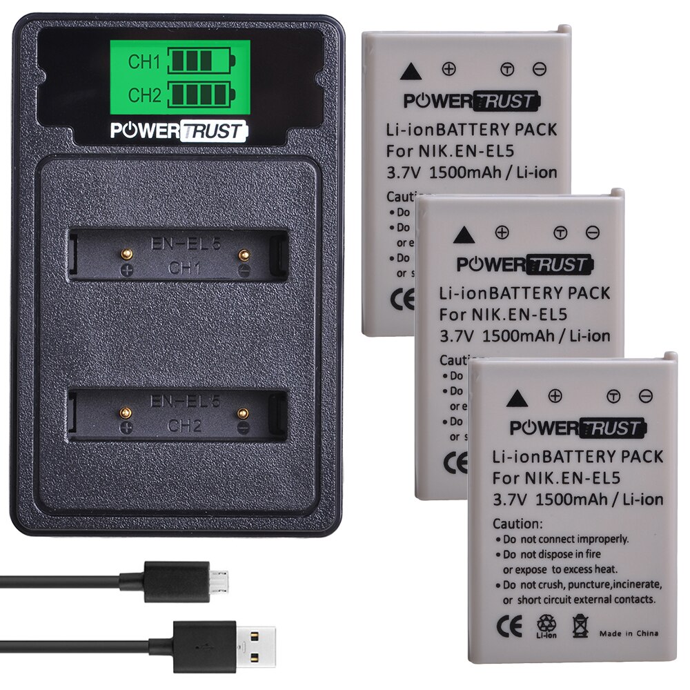Batería EN-EL5 ENEL5 + cargador USB Dual LCD para NIKON Coolpix P530 P520 P510 P100 P500 P5000 P5100 P6000 3700 baterías: 3Battery and Charger