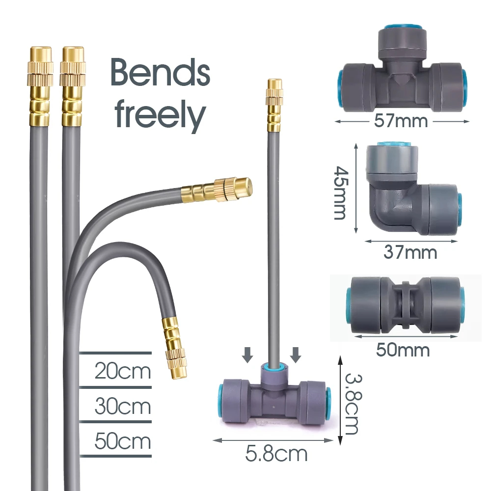 Flexible Brass Adjustable Spray Kit Gray 3/8"PE Hose Quick Connect Fogging Cooling Dedusting Watering System for Garden