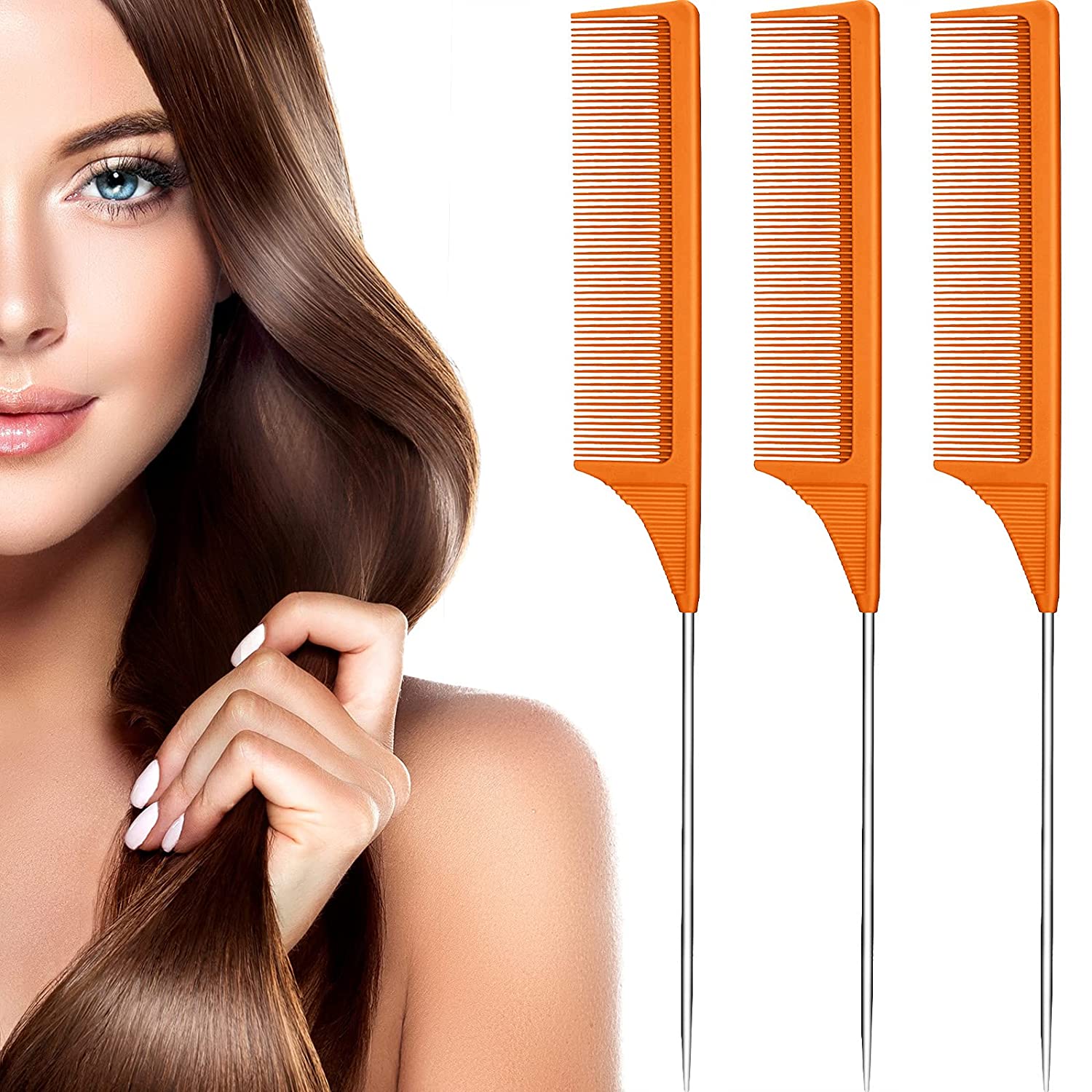 Peigne queue de Rat en acier, 3 paquets, peigne taquin résistant à la chaleur en Fiber de carbone avec queue de Rat en acier inoxydable: Orange