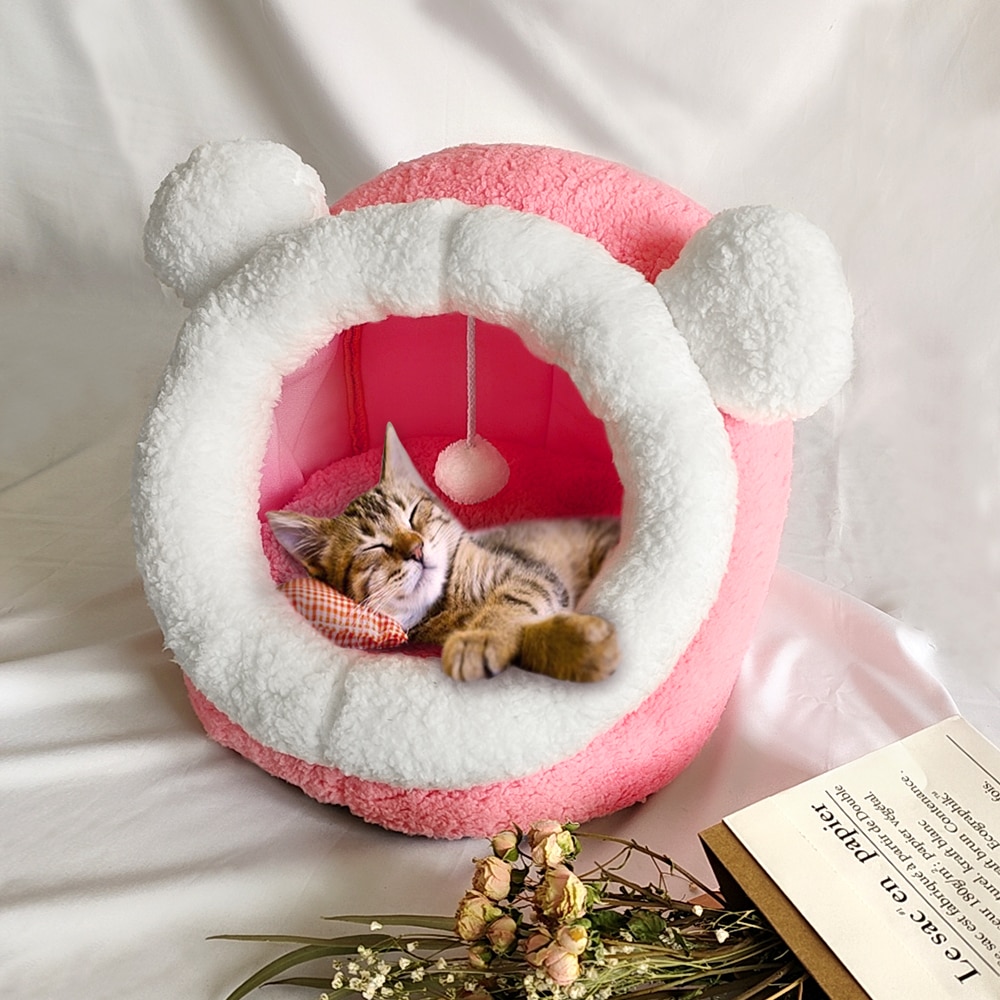 Cute Cat Bed House Winter Warm Pet Cat Bed For Small Dogs Cats Soft Puppy Cat Nest Kennel Bed With Removable Mattress Cama Gato: Pink / L