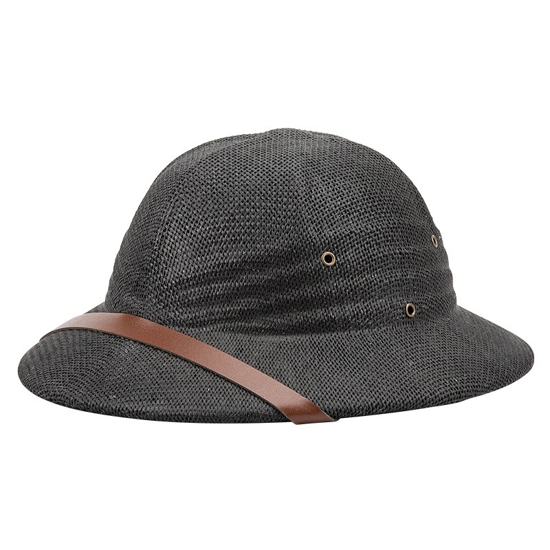 Sombrero de paja estilo Vietnam para adultos, casco de explorador británico, sombreros de sol de cubo de barco de verano: Negro