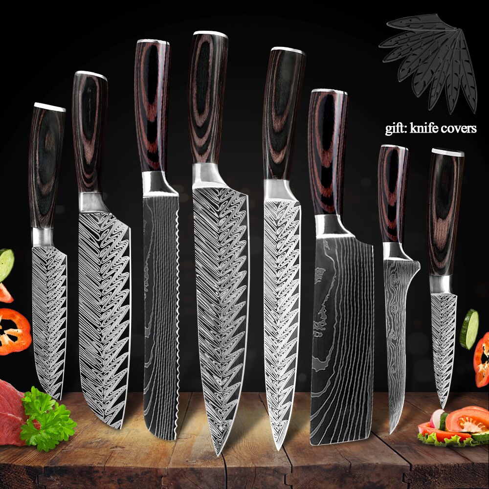 Køkkenkok sæt kniv rustfrit stål knivholder santoku værktøj skåret kløver brødskæreknive dæksel skede sag kantbeskytter