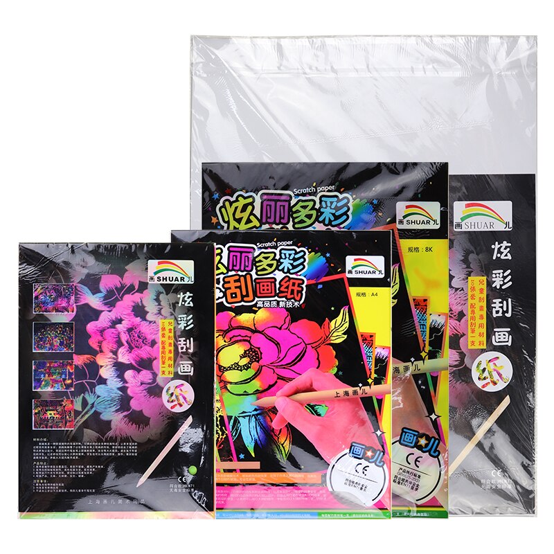 Educational Magic Color Scratch Paper 4K/8K/16K/A4 Black Coated Painting Paper With Drawing Stick Kids Scraping Painting Doodle
