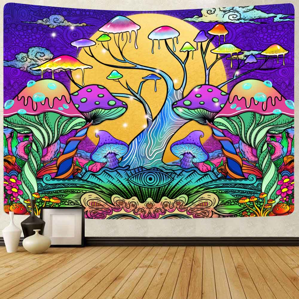 Simsant Psychedelic Mushroom Tree Tapestry Trippy Forest Sun Art Wall Hanging Tapestries for Living Room Bedroom Home Decor: Default Title