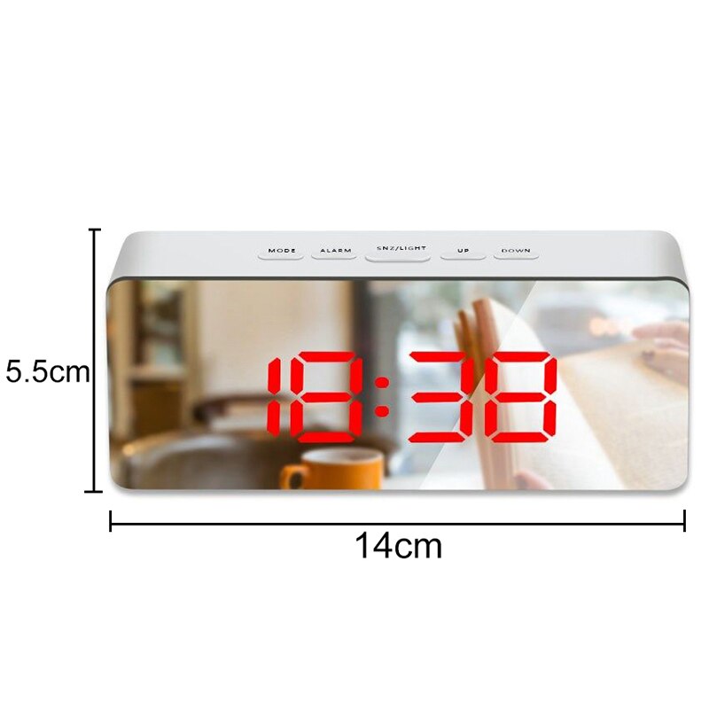 Digital Mirror Alarm Clock LED Display 5Fuctions Button Desk Clock Temperature Calendar Snooze Thermometer with USB 14x50x3.4cm: F3