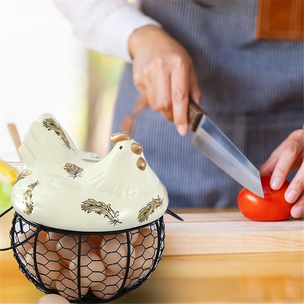 Metal Wire Egg Storage Basket With Ceramic Chicken Durable Large Capacity Top Handles Fruit Snacks Organizer Kitchen Decoration