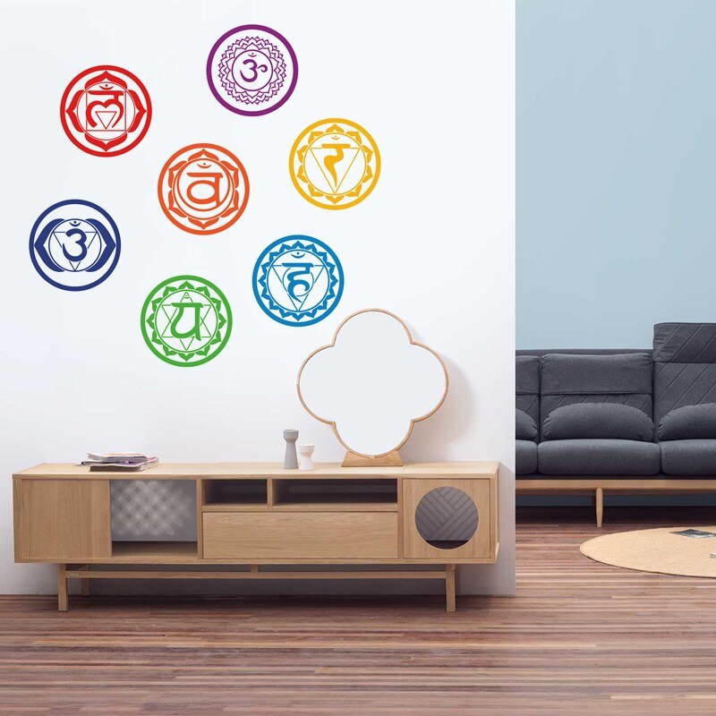 7pcs/set Chakras Vinyl Wall Stickers Mandala Yoga Om Meditation Symbol Wall Decals for Home Living Room/Yoga Studio Decoration