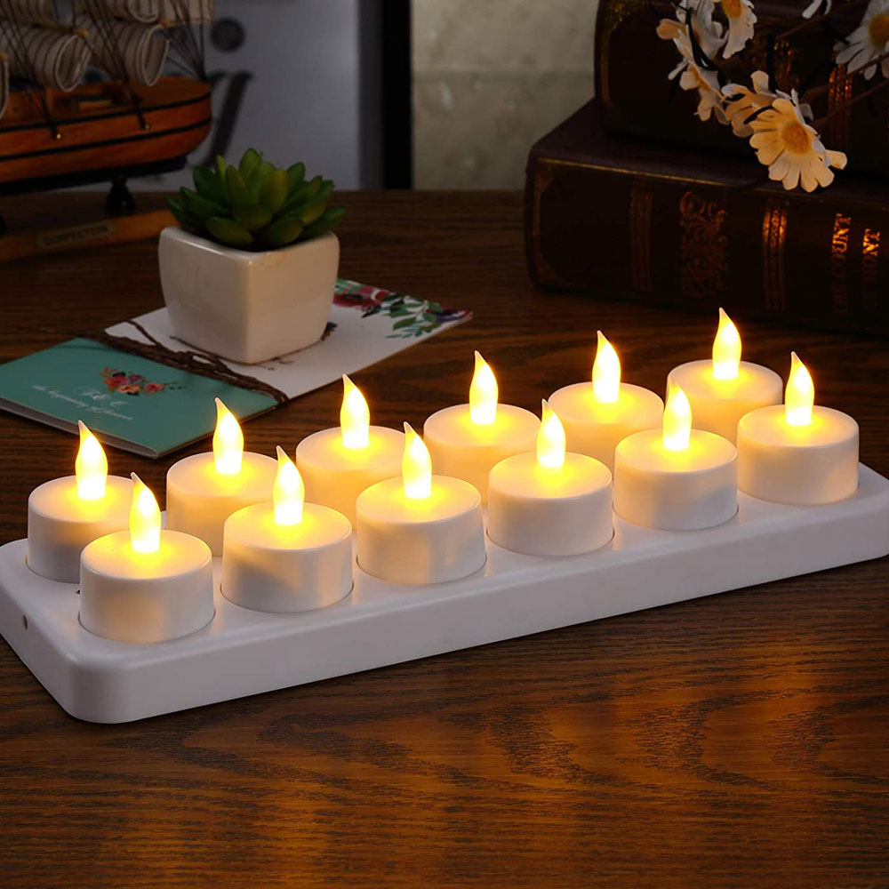 Vela recargable LED parpadeante o no parpadeante, luz amarilla o blanca, simulación de llama, luz de té, decoración de boda, 12 Uds.