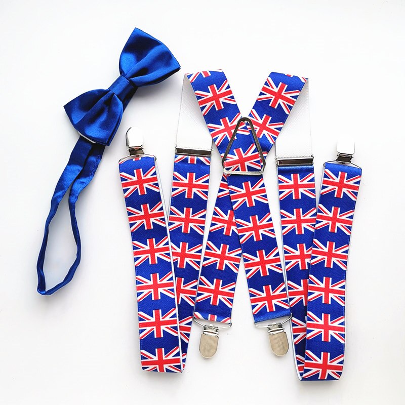 Britse Vlag Jarretel Royal Blauwe Vlinder Strikje Set Grote Mannen Vrouwen Adult Braces Das Match Shirt LB045