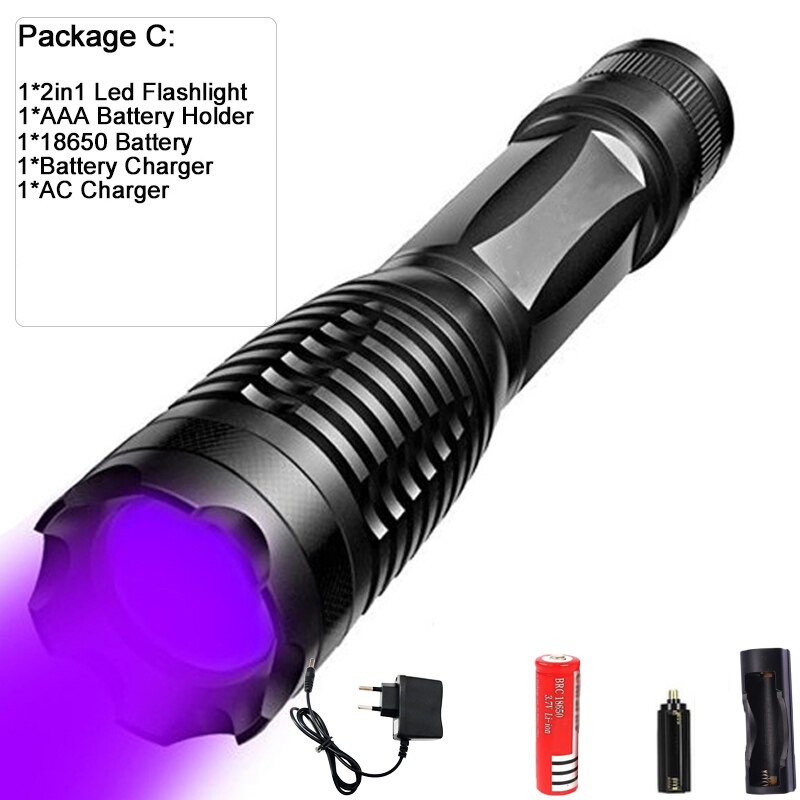 10000LM 2in1 UV + wit licht LED Zaklamp Zaklamp 395nm Ultraviolet Urine Detector voor camping Tapijt Huisdier Urine Vangen Schorpioenen