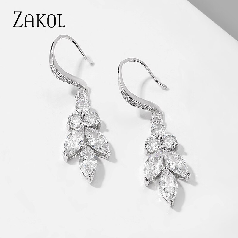 ZAKOL Marquise Cut Cluster Flower Zirconia Crystal Long Dangle Earrings Shiny Leaf Bridal Wedding Jewelry for Women: White