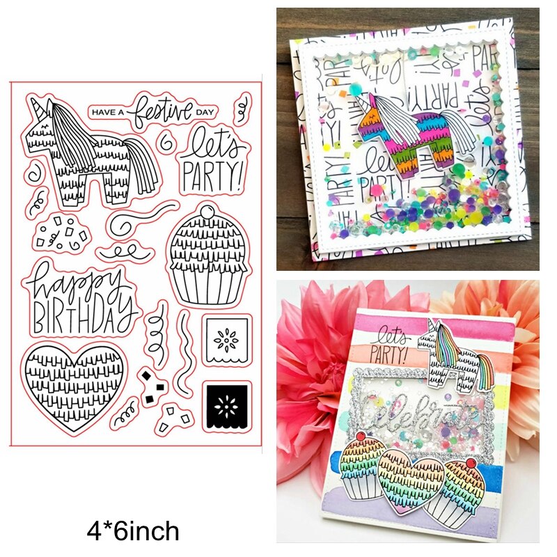 Sellos de silicona transparente para niños y niñas, bonitos animales mezclados, pastel de feliz cumpleaños, abeja, Ángel, unicornio, sello transparente, fabricación de tarjetas artesanales: 5