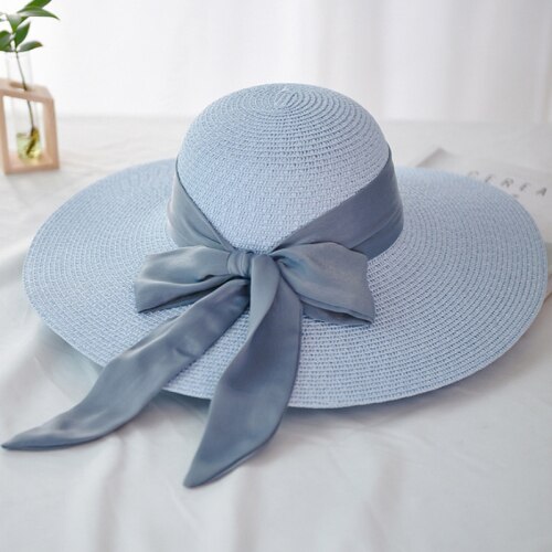 Ht2259 panama damer hatte strand stor bånd sløjfe stor bred skygge hat kvinder sommer pakkes floppy strand sol hat halm