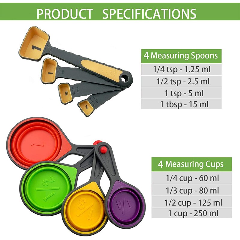 Silicone Measuring Cup and Spoon Set Collapsible Baking Measuring Tool Spoon for Baking Kitchen Crafts Making Coffee Flour Honey