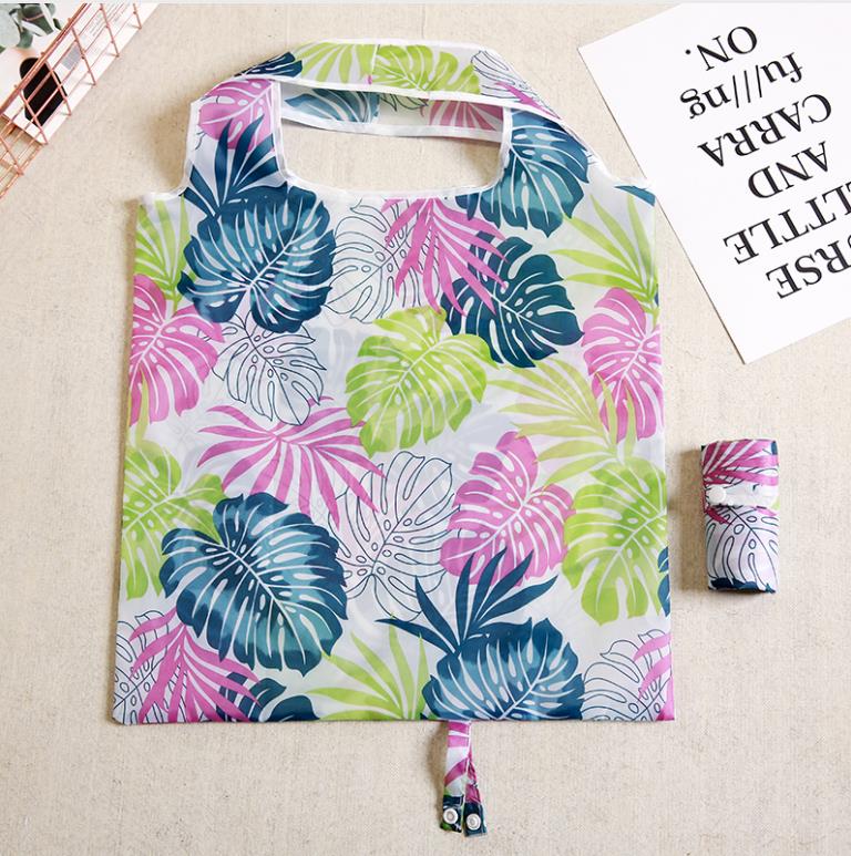 Flamingo bag Many Colors polyester Foldable Recycle Shopping Bag Eco Reusable Tote Bag Cartoon Floral Fruit Vegetable Grocery: CJ New leaf