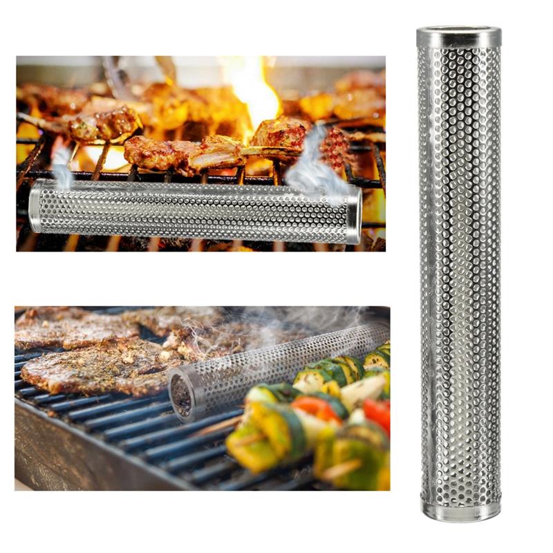 Rund bbq grill koldrøgning mesh rør røggenerator rustfrit stål ryger træpiller køkken udendørs grill forsyninger