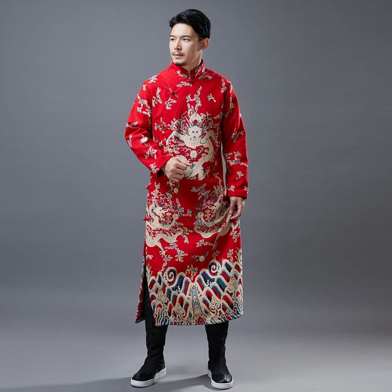 Men Winter Traditional Chinese Style Casual Stand-Up Collar Thicken Cheongsam Male Oriental Style Robe Cotton Tang Suit Qi