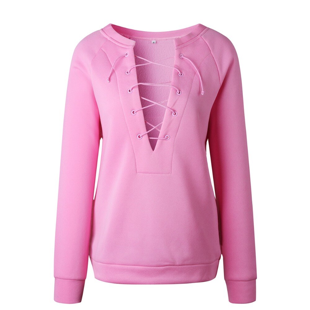 Vrouwen Solid Sweater Sexy Oogje Lace-Up Diepe V Lange Mouwen Capless Sport Baseball Base Veelzijdige Baseball Shirt