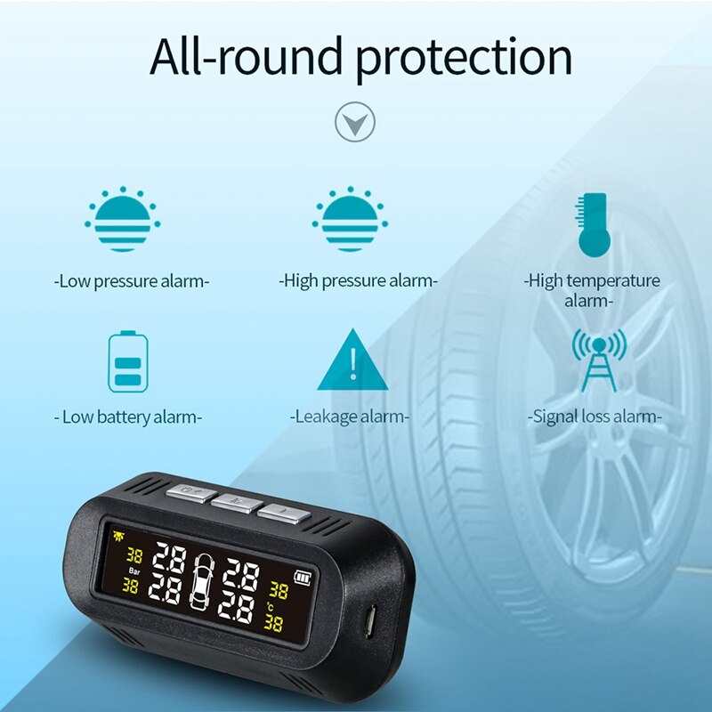Tpms Solar Power Universal,Wireless Tire Pressure Monitoring System With 4 External Sensors,Real-Time Displays 4 Tires'Pressure