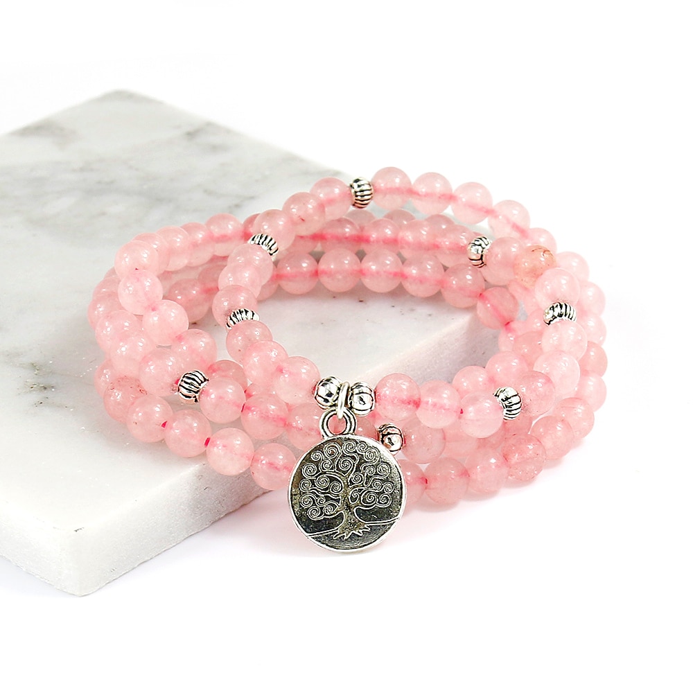 Pink Beads Buddhist Buddha Meditation 6mm 108 Beads Natural Stone Prayer Bead Bracelet Women Jewelry Women Stretch Yoga Jewelry