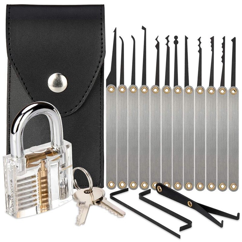 19pcs Transparent Visible Pick Cutaway Practice Padlock Lock With Broken Key Removing Hook Kit Extractor Locksmith Wrench Tool
