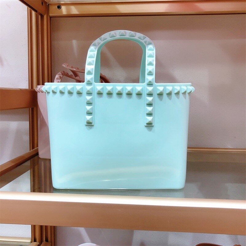 Summer Rivet Jelly Lady Handbag Bucket Tote Bag Shopping Bag Large Capacity PVC Women Handbag: Light green / l