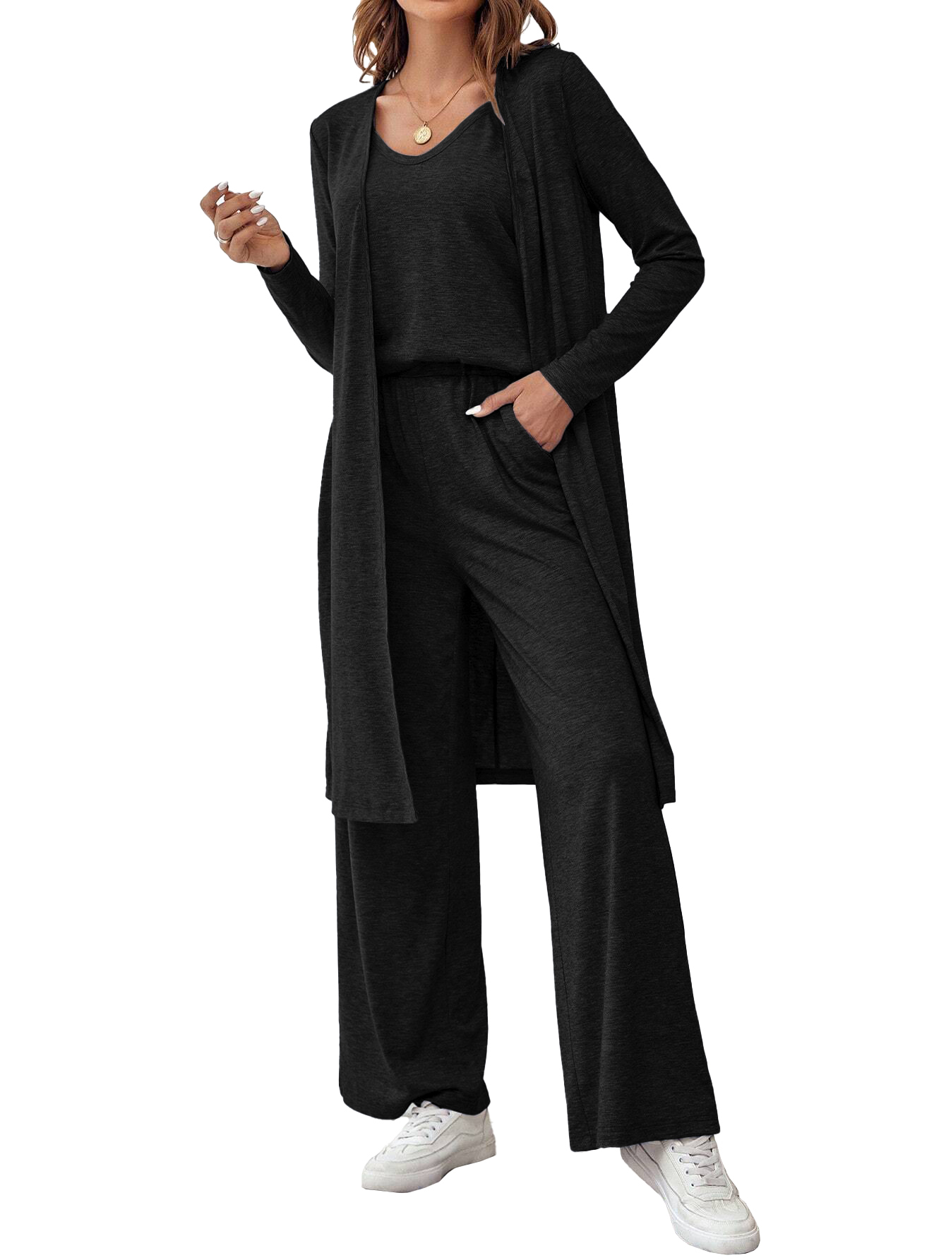 Autumn casual loose three piece set women's vest pants cardigan three piece set V-neck suspender+straight leg pants+: M / black