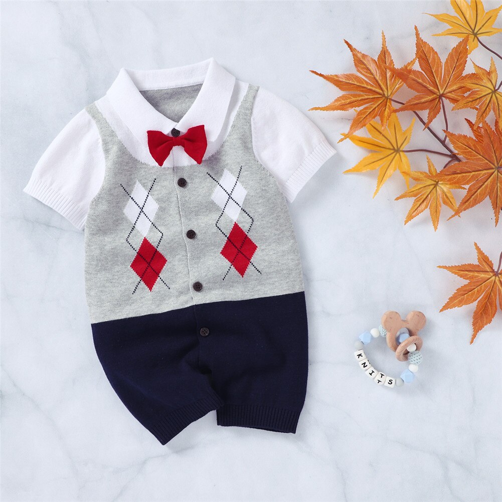 0-18m heren baby jongens romper katoen korte mouwen knoopjes gevouwen kraag patchwork gebreide patchwork jumpsuit