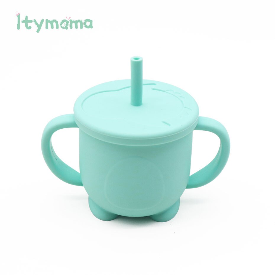 Tazas de alimentación para bebés, taza de aprendizaje para beber de silicona, con asa, tapas de silicona sólidas: Mint