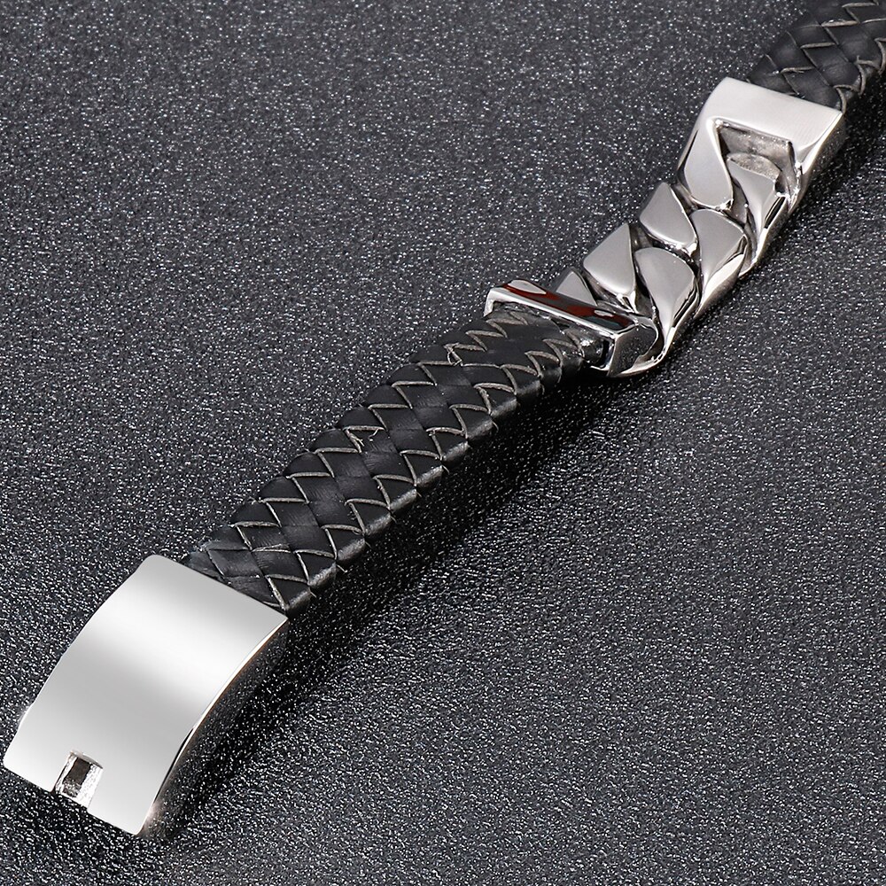 Men's Leather Bracelet 316L Stainless Steel Skull Head Curb Chain Charm Bracelets For Men Gothic Male Jewellery Mannen Armband