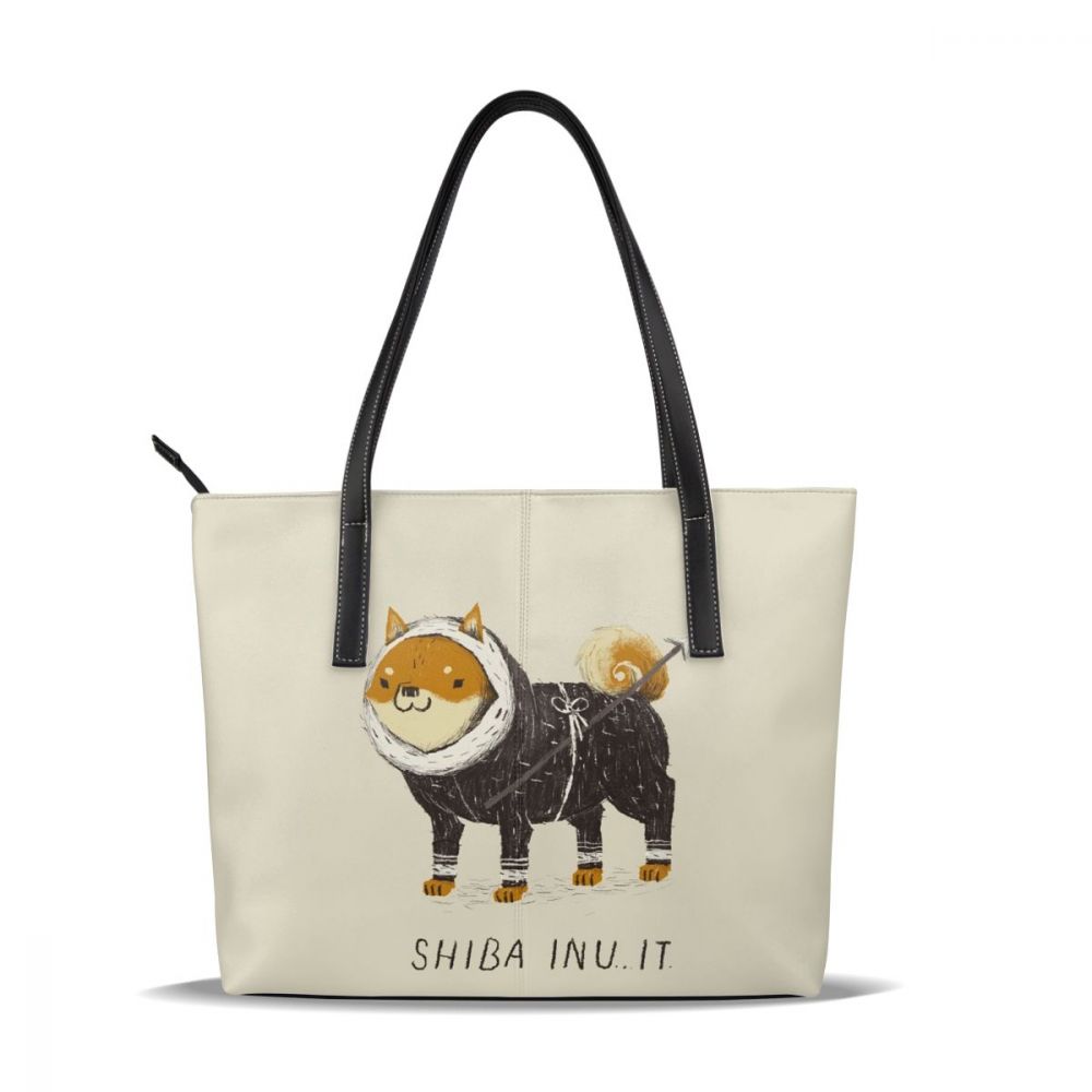 Shiba Inu Tote Taske - Cartoon Mønster - Kunstlæder - Lynlås Lukning - Alsidig Kvinder Håndtaske: Shiba Inu It