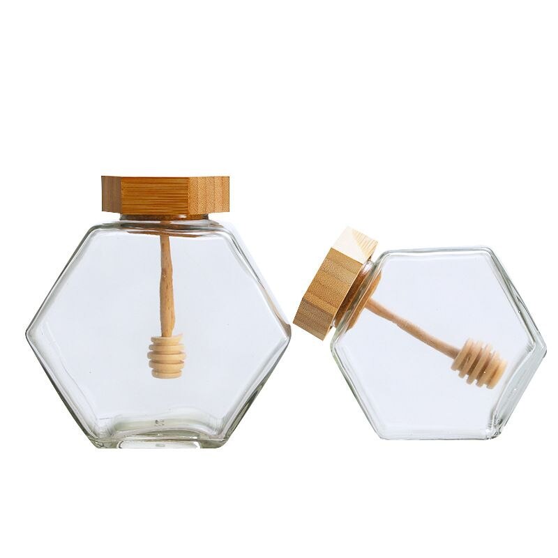 220ML/380ML Hexagonal Glass Honey Bottle with Wooden Stirring Rod Honey Packaging Bottle Small Honey Bottle Container Honey Jar