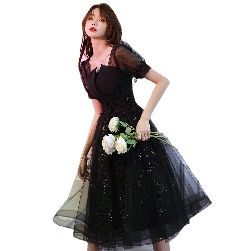 Black Retract Waist Formal Party Dress Sexy Lace Tulle Banquet Gown Square Neck Birthday Ball Gown Dress Robe De Soiree