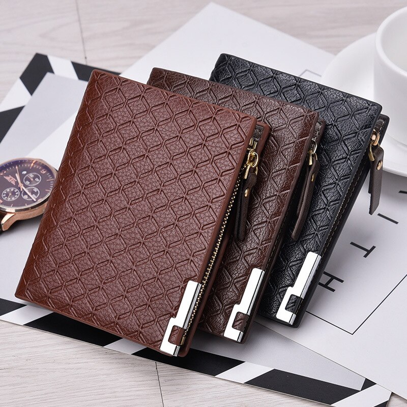 Men's Wallet Multi-card Slot Open Card Bag PU Plaid Short Coin Purse Business Horizontal Square Zipper Wallet