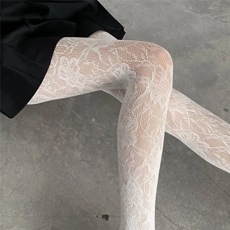 Medias florales estilo Punk para chicas dulces de Lolita, medias altas hasta el muslo coloridas, lencería Sexy para mujer, pantimedias de rejilla de malla caladas: Beige