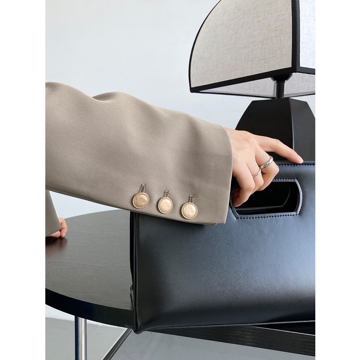 Solid Gold Button Detailed Lapel Button Up Crop Blazer Blue / Khaki Spring Women Short Jacket