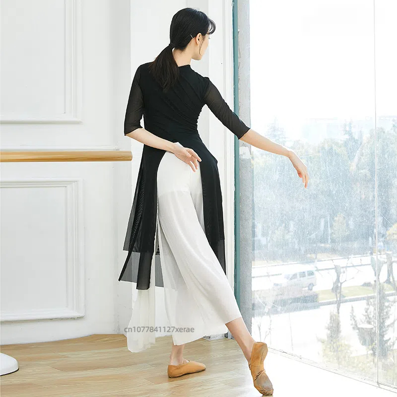 Chinese Style Modern Dance Practice Hanfu Medium Long Women's Classical Ethnic Double Layered Slit Gauze Clothes: M / black